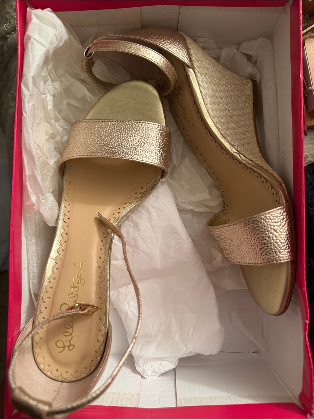 Lilly Pulitzer Metallic Rose Gold Wedge Sandals